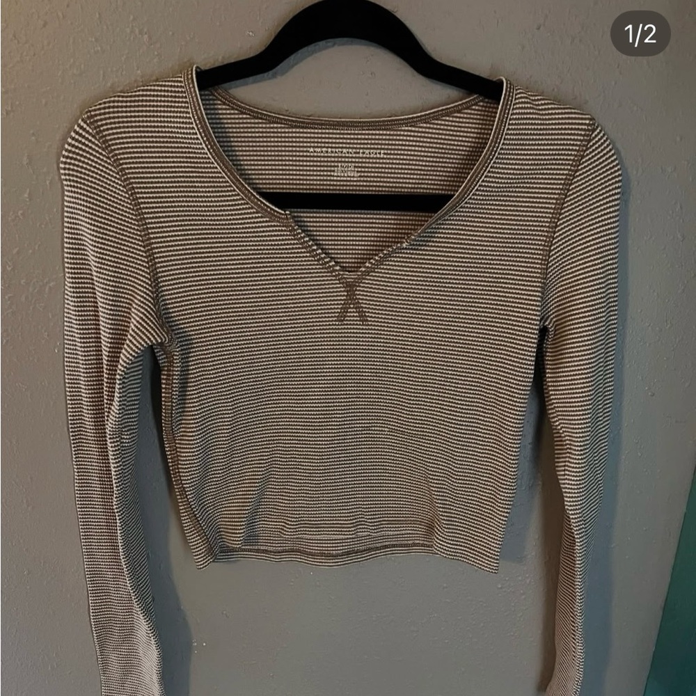 American Eagle Outfitters Brown Striped V-Neck Blouse